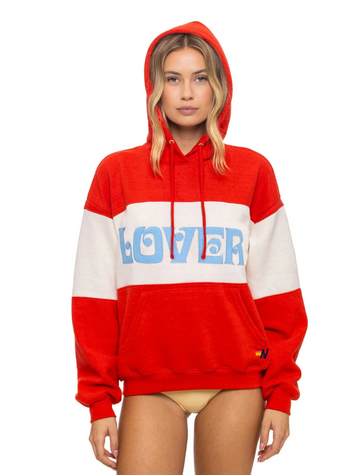 AVIATOR NATION UNISEX LOVER EMBROIDERY COLOR BLOCK PULLOVER HOODIE RELAXED - FLASH RED/VINTAGE WHITE