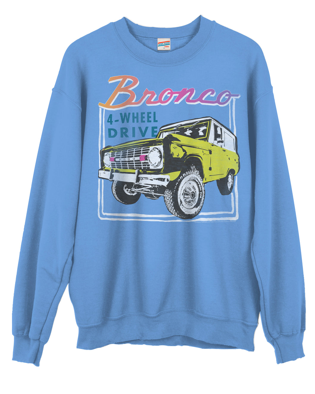 JUNK FOOD UNISEX BRONCO 4WD POWERED BY FORD FLEA MARKET FLEECE CREW SWEATSHIRT IN CAROLINA BLUE