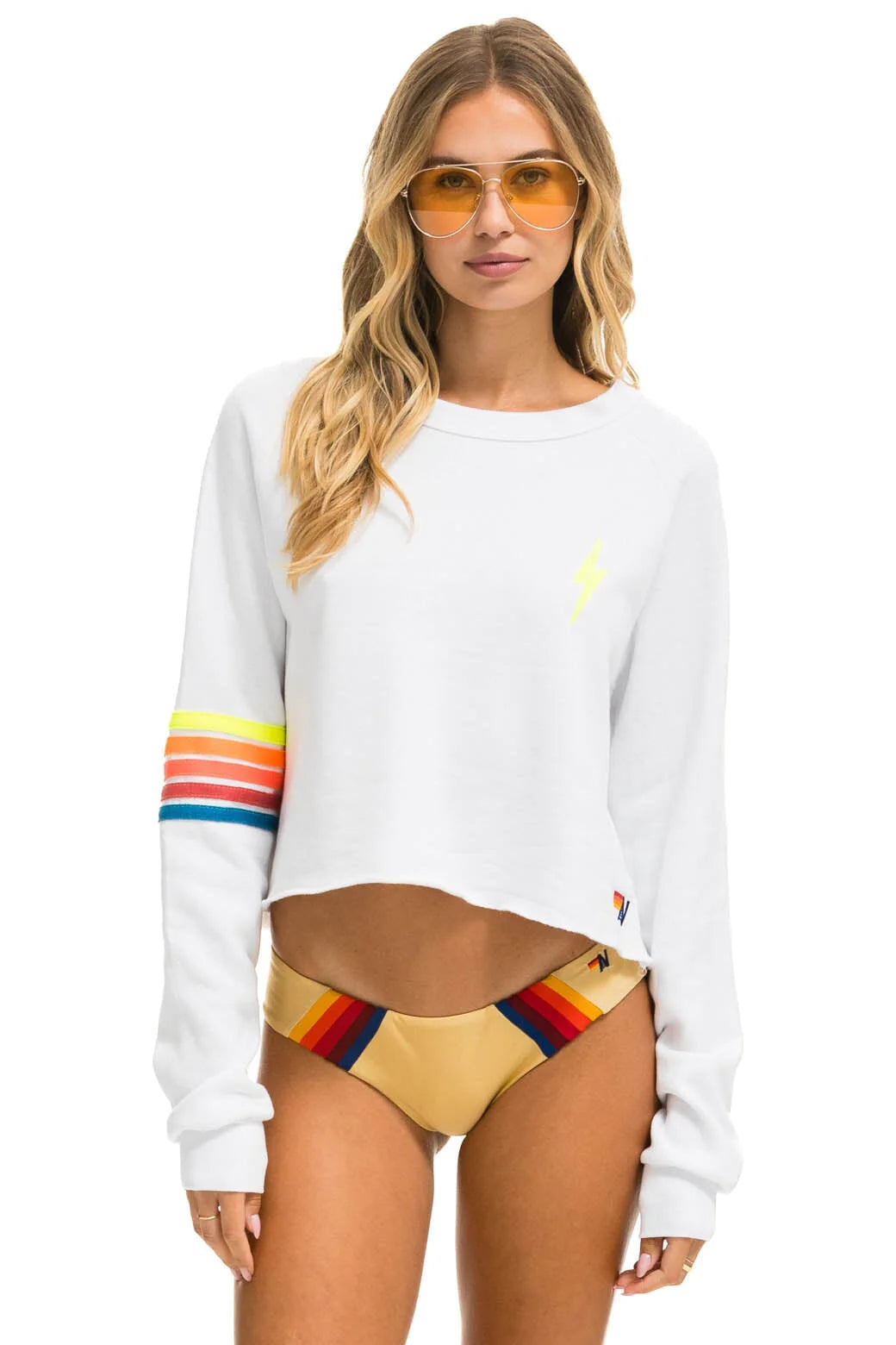 AVIATOR NATION BOLT RUGBY STITCH CROPPED CREW SWEATSHIRT IN WHITE