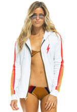 Load image into Gallery viewer, Aviator Nation 4 Stripe Bolt Zip Hoodie in White/Neon