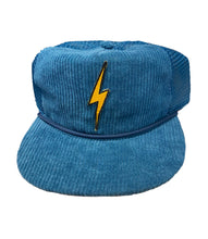 Load image into Gallery viewer, Aviator Nation Corduroy Bolt Trucker Hat in Jade Blue