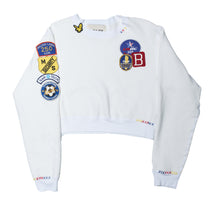 Load image into Gallery viewer, Riley Vintage All Patched Up Crew Sweatshirt in White ships in 2 weeks