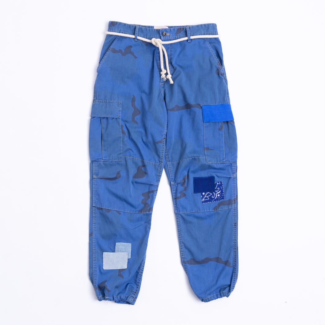 RILEY VINTAGE COBALT CAMO PATCHED UP CARGOS ships in 2 weeks