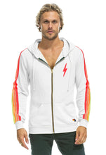 Load image into Gallery viewer, Aviator Nation 4 Stripe Bolt Zip Hoodie in White/Neon