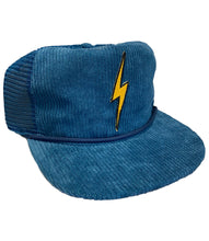 Load image into Gallery viewer, Aviator Nation Corduroy Bolt Trucker Hat in Jade Blue