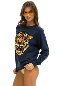 Aviator Nation Tiger Print Crew Sweatshirt in Navy