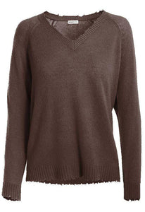 Minnie Rose Cashmere Distressed V-Neck Sweater