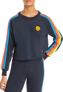 Aviator Nation Smiley Cropped Crew Sweatshirt in Charcoal / Neon Rainbow
