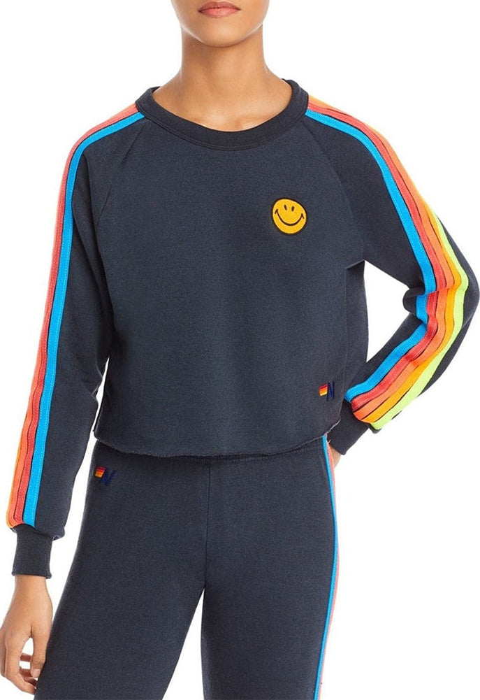 Aviator Nation Smiley Cropped Crew Sweatshirt in Charcoal Neon