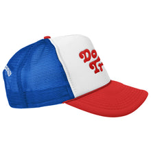 Load image into Gallery viewer, FREE &amp; EASY DON&#39;T TRIP EMBROIDERED TRUCKER HAT WHITE/RED/ROYAL