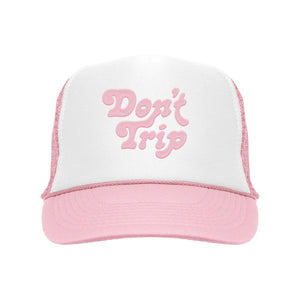 FREE & EASY DON'T TRIP EMBROIDERED TRUCKER HAT IN WHITE/SOFT PINK