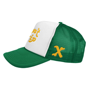 FREE & EASY X PARTY SHIRT DON'T TRIP EMBROIDERED TRUCKER HAT WHITE/GREEN