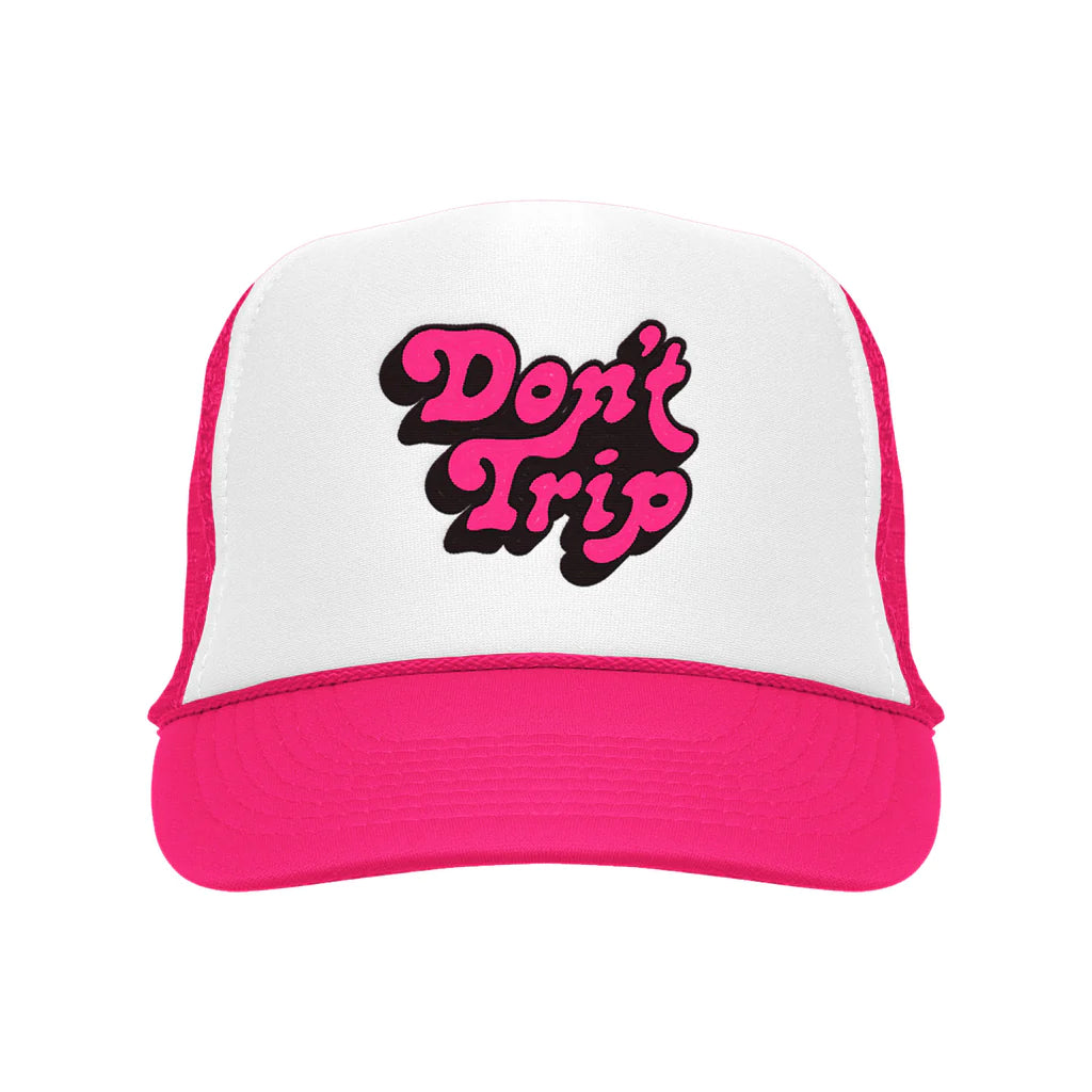 FREE & EASY Don't Trip Embroidered Trucker Hat White/Neon Pink