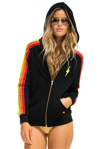 Aviator Nation Bolt Embroidery 4 Stripe Zip Hoodie in Black/Neon