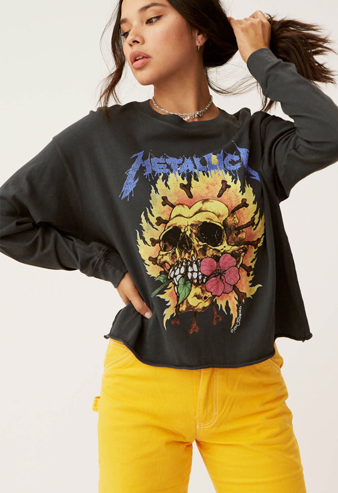 DAYDREAMER Metallica Flaming Skull Oversized Long Sleeve Crop Tee