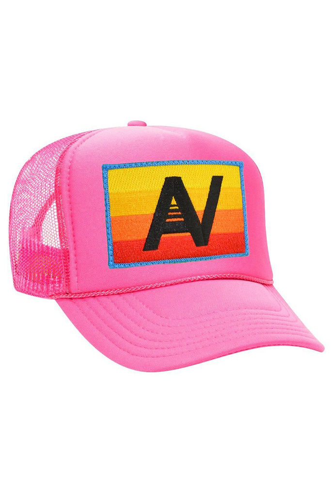 Aviator Nation Logo Rainbow Vintage Trucker Hat in Neon Pink