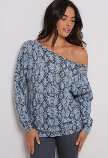 Minnie Rose Cotton Snake Printed Off The Shoulder Sweater