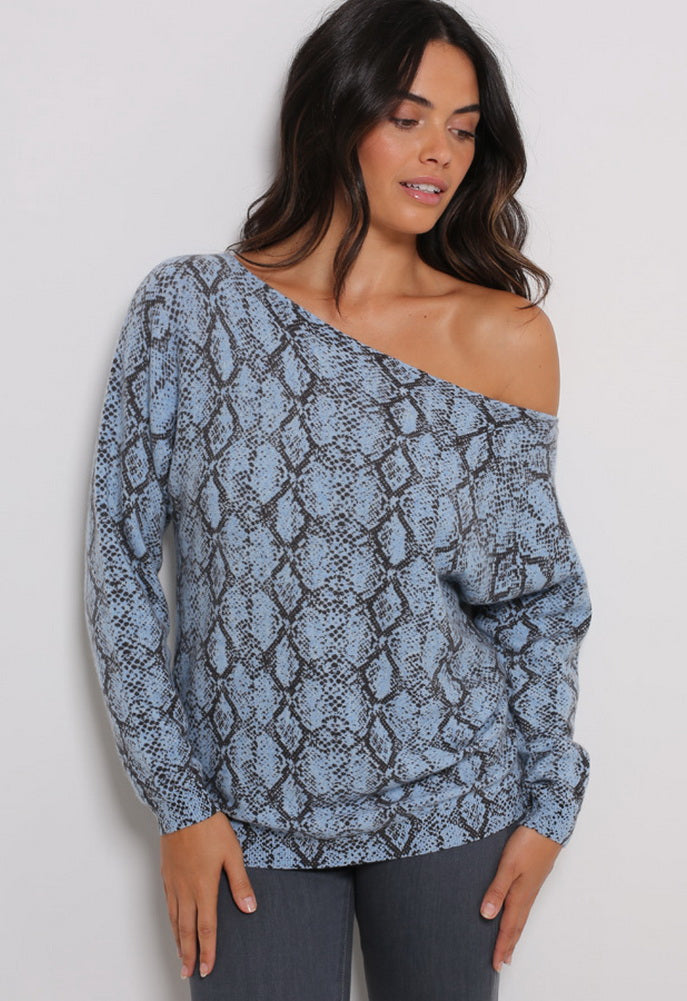 Minnie Rose Cotton Snake Printed Off The Shoulder Sweater