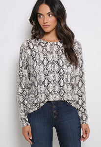 Minnie Rose Cotton Snake Printed Long Sleeve Crew Sweater