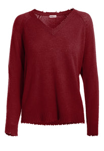 Minnie Rose Cashmere Distressed V-Neck Sweater