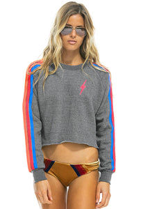 Aviator Nation Bolt Classic Cropped Crew Neck Sweatshirt in Heather Grey/Neon Rainbow