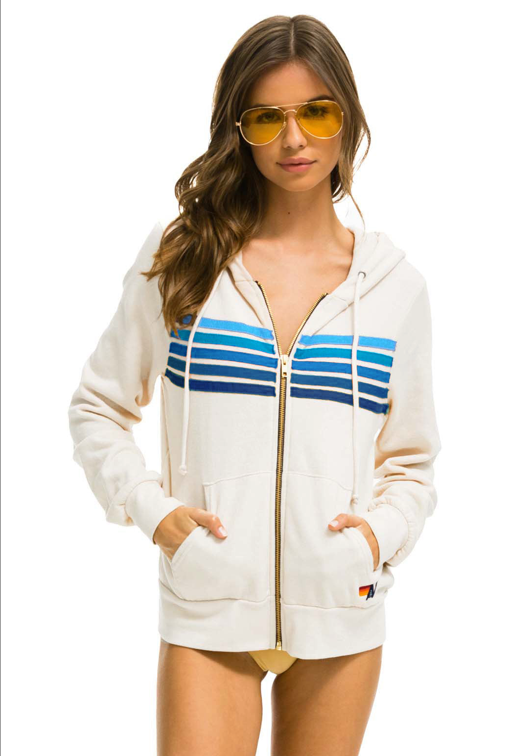 Aviator Nation 5 Stripe Unisex Hoodie Vintage White Blue