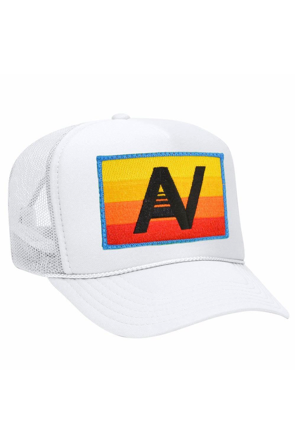 Aviator Nation Logo Rainbow Vintage Trucker Hat in White
