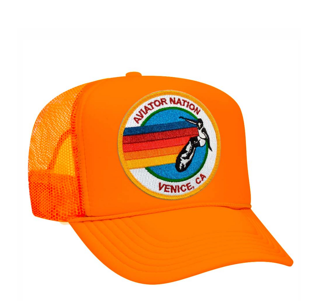Aviator Nation Signature Venice Vintage Low Rise Trucker Hat in Neon Orange