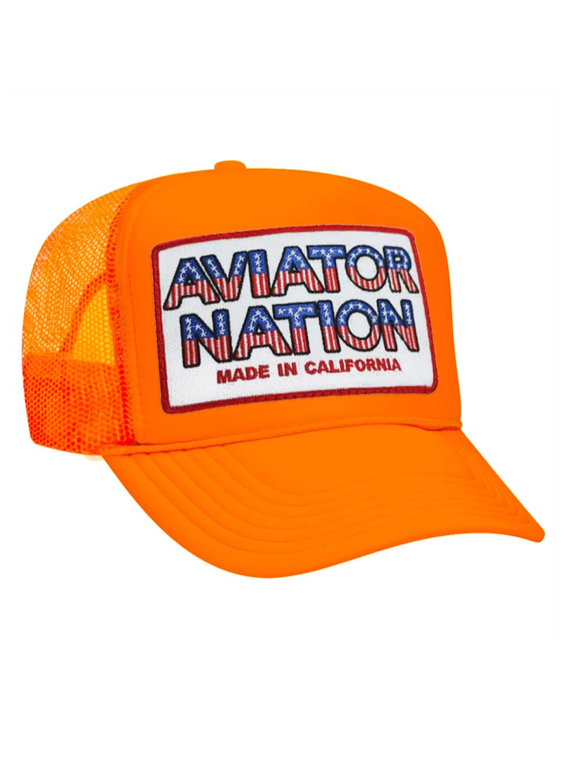Aviator Nation Patriotic Patch Vintage Low Rise Trucker in Neon Orange