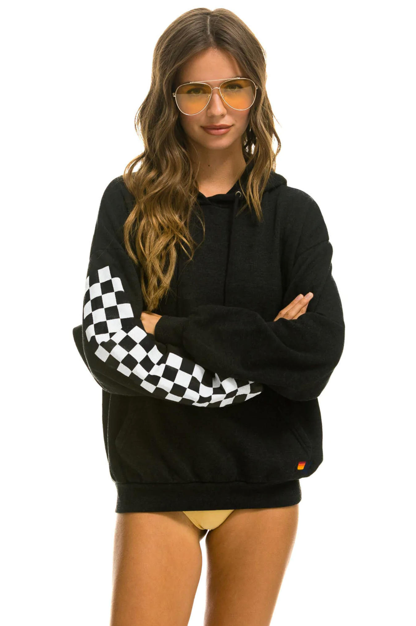 Vans rose checkerboard sleeve top black hoodie
