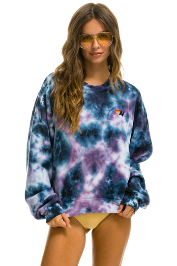 AVIATOR NATION HAND DYED UNISEX CREW SWEATSHIRT RELAXED - TIE DYE BLUE PURPLE