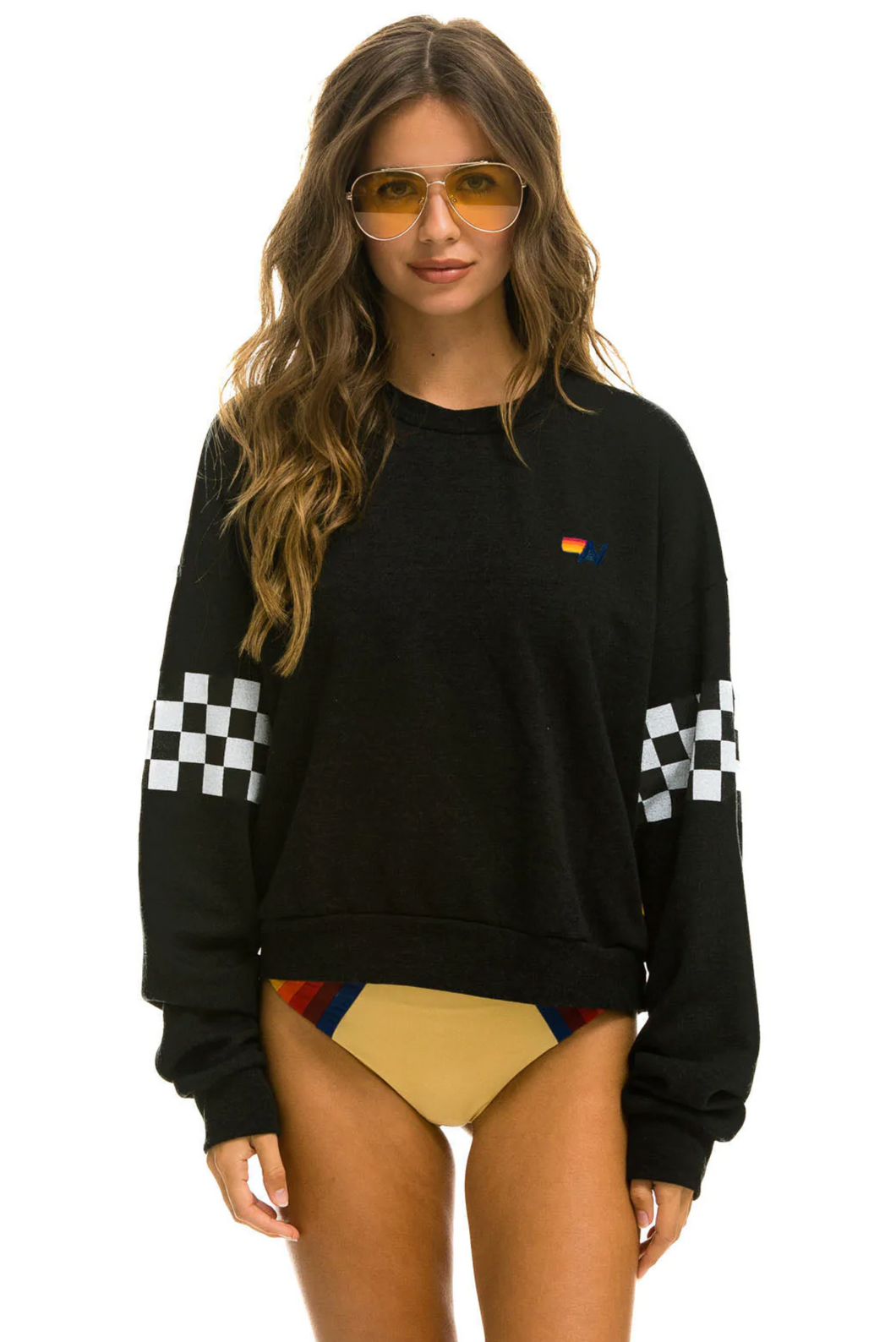 Aviator Nation CHECK 2 SLEEVE UNISEX CREW SWEATSHIRT - BLACK