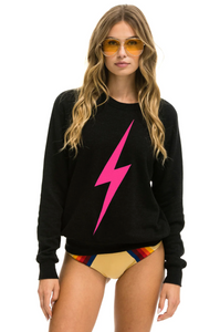 Aviator Nation LIGHT WEIGHT BOLT CREW UNISEX SWEATSHIRT - BLACK // NEON PINK