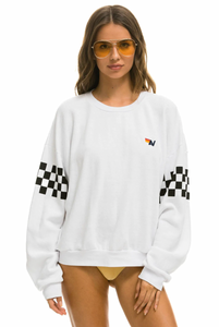 Aviator Nation CHECK 2 SLEEVE RELAXED CREW UNISEX SWEATSHIRT - WHITE