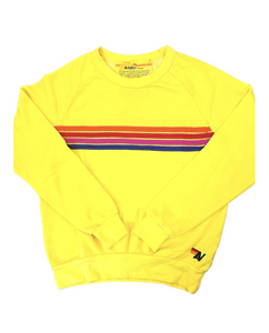 AVIATOR NATION UNISEX 5 STRIPE UNISEX CREW SWEATSHIRT LEMON/YELLOW PURPLE