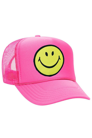 Aviator Nation Smiley Vintage Trucker Hat in Neon Pink