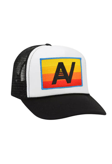Aviator Nation Logo Rainbow Low Rise Trucker Hat in Black/White/Black