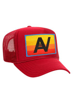 Load image into Gallery viewer, Aviator Nation Logo Rainbow Vintage Trucker Hat in Red