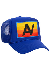 Aviator Nation Logo Rainbow Low Rise Trucker Hat in Royal Blue