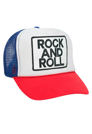 Aviator Nation Rock and Roll Vintage Low Rise Trucker Hat in Red/White/Royal