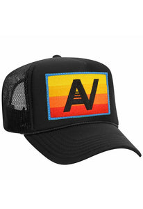 Aviator Nation Logo Rainbow Vintage Trucker Hat in Black
