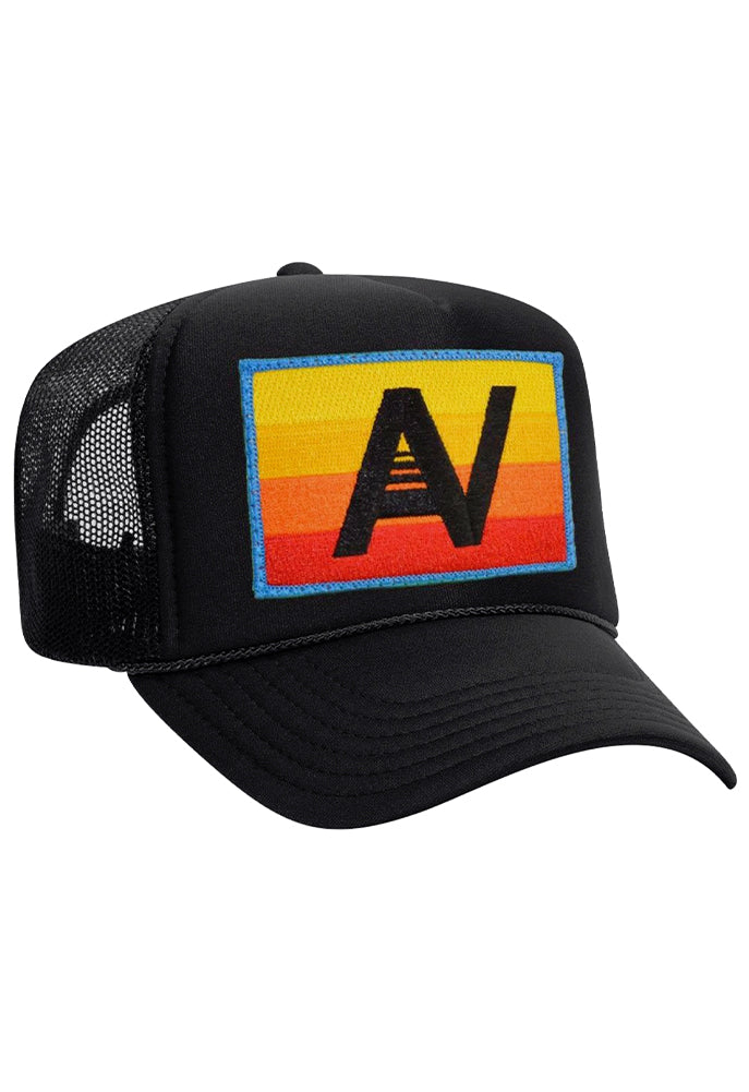 Aviator Nation Logo Rainbow Vintage Trucker Hat in Black