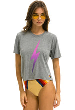 Load image into Gallery viewer, Aviator Nation Bolt Fade Logo Boyfriend Tee in Heather Grey / Pink Purple