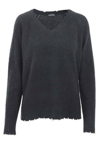 Minnie Rose Cashmere Distressed V-Neck Sweater