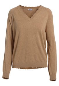 Minnie Rose Cashmere Distressed V-Neck Sweater