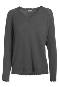 Minnie Rose Cashmere Distressed V-Neck Sweater