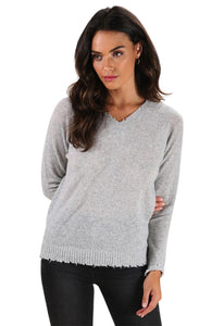 Minnie Rose Cashmere Distressed V-Neck Sweater