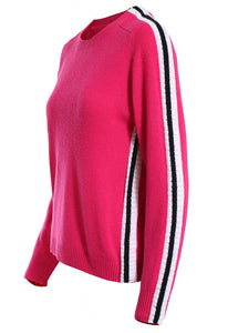 Minnie Rose Cashmere Sport Rib Stripe Crew Neck Sweater