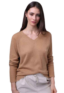 Minnie Rose Cashmere Distressed V-Neck Sweater
