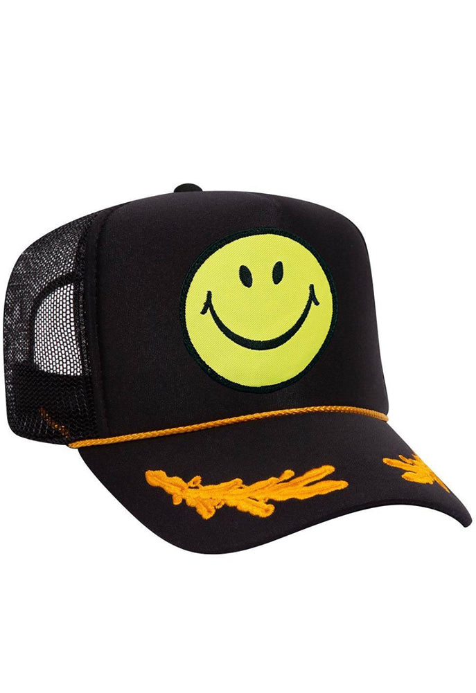 Aviator Nation Smiley Vintage Trucker Hat in Black Leaf 